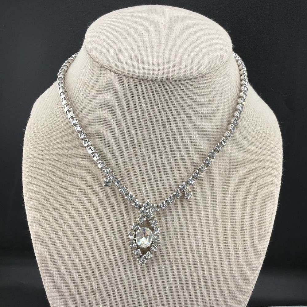 Vintage Estate Necklace Silver Tone Rhinestone Choker Dainty Formal 15"